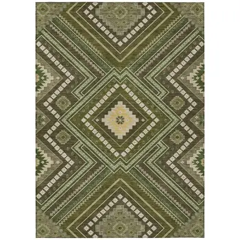 8' X 10' Olive Green Gray And Ivory Tribal Washable Indoor Outdoor Area Rug