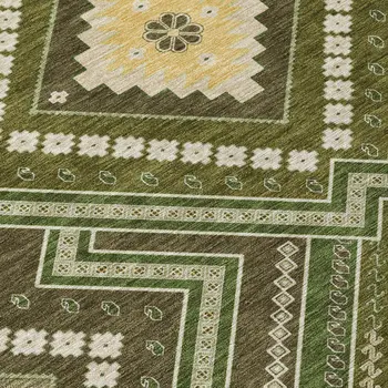 8' X 10' Olive Green Gray And Ivory Tribal Washable Indoor Outdoor Area Rug