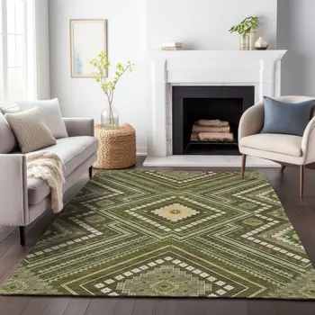8' X 10' Olive Green Gray And Ivory Tribal Washable Indoor Outdoor Area Rug