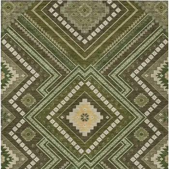 9' X 12' Olive Green Gray And Ivory Tribal Washable Indoor Outdoor Area Rug