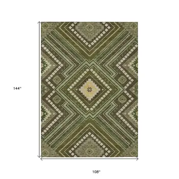 9' X 12' Olive Green Gray And Ivory Tribal Washable Indoor Outdoor Area Rug