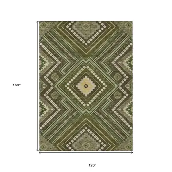 10' X 14' Olive Green Gray And Ivory Tribal Washable Indoor Outdoor Area Rug