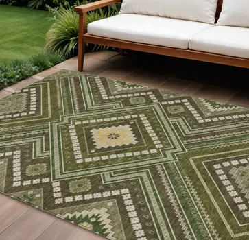 10' X 14' Olive Green Gray And Ivory Tribal Washable Indoor Outdoor Area Rug