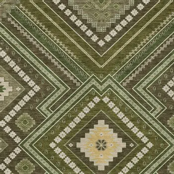 10' X 14' Olive Green Gray And Ivory Tribal Washable Indoor Outdoor Area Rug
