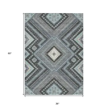 3' X 5' Pewter Charcoal And Sky Blue Tribal Washable Indoor Outdoor Area Rug