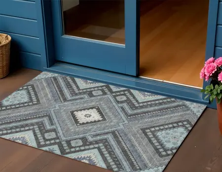 3' X 5' Pewter Charcoal And Sky Blue Tribal Washable Indoor Outdoor Area Rug