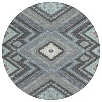 8' Pewter Charcoal And Sky Blue Round Tribal Washable Indoor Outdoor Area Rug