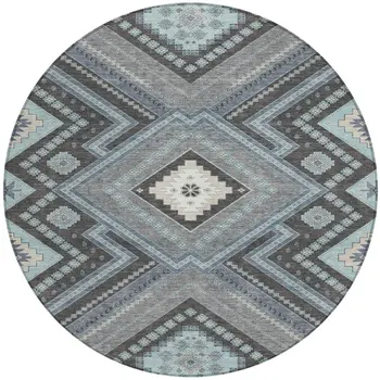8' Pewter Charcoal And Sky Blue Round Tribal Washable Indoor Outdoor Area Rug