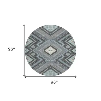 8' Pewter Charcoal And Sky Blue Round Tribal Washable Indoor Outdoor Area Rug