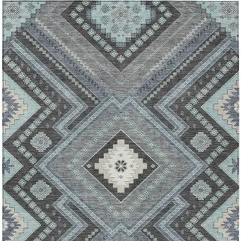 8' X 10' Pewter Charcoal And Sky Blue Tribal Washable Indoor Outdoor Area Rug