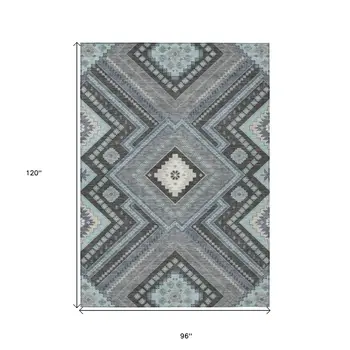 8' X 10' Pewter Charcoal And Sky Blue Tribal Washable Indoor Outdoor Area Rug