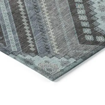 8' X 10' Pewter Charcoal And Sky Blue Tribal Washable Indoor Outdoor Area Rug