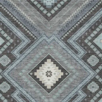 8' X 10' Pewter Charcoal And Sky Blue Tribal Washable Indoor Outdoor Area Rug