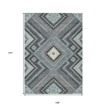 9' X 12' Pewter Charcoal And Sky Blue Tribal Washable Indoor Outdoor Area Rug