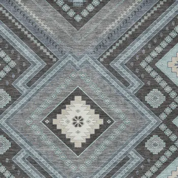 9' X 12' Pewter Charcoal And Sky Blue Tribal Washable Indoor Outdoor Area Rug