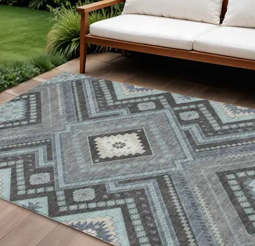 10' X 14' Pewter Charcoal And Sky Blue Tribal Washable Indoor Outdoor Area Rug