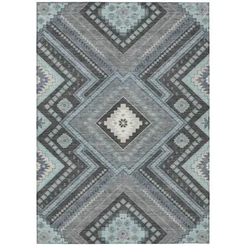 10' X 14' Pewter Charcoal And Sky Blue Tribal Washable Indoor Outdoor Area Rug