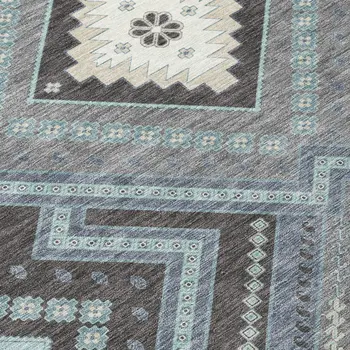10' X 14' Pewter Charcoal And Sky Blue Tribal Washable Indoor Outdoor Area Rug