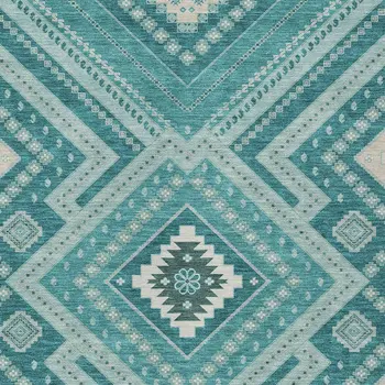 3' X 5' Teal Blue And Ivory Tribal Washable Indoor Outdoor Area Rug
