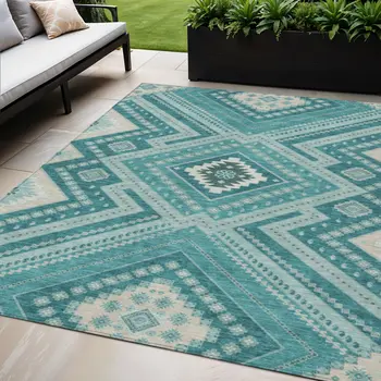 5' X 8' Teal Blue And Ivory Tribal Washable Indoor Outdoor Area Rug