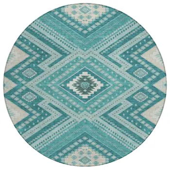 8' Teal Blue And Ivory Round Tribal Washable Indoor Outdoor Area Rug