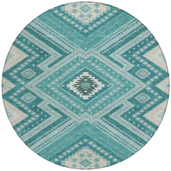 8' Teal Blue And Ivory Round Tribal Washable Indoor Outdoor Area Rug