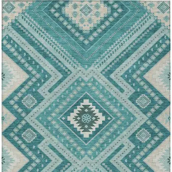 8' X 10' Teal Blue And Ivory Tribal Washable Indoor Outdoor Area Rug