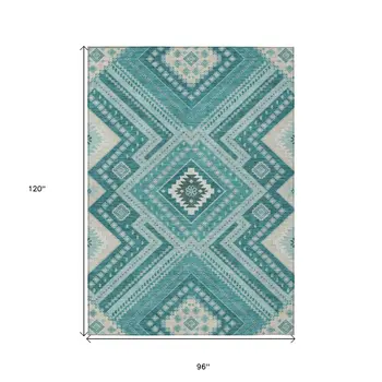 8' X 10' Teal Blue And Ivory Tribal Washable Indoor Outdoor Area Rug