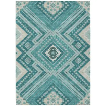 8' X 10' Teal Blue And Ivory Tribal Washable Indoor Outdoor Area Rug