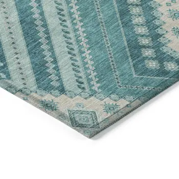 8' X 10' Teal Blue And Ivory Tribal Washable Indoor Outdoor Area Rug
