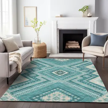 8' X 10' Teal Blue And Ivory Tribal Washable Indoor Outdoor Area Rug