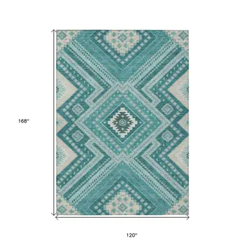 10' X 14' Teal Blue And Ivory Tribal Washable Indoor Outdoor Area Rug