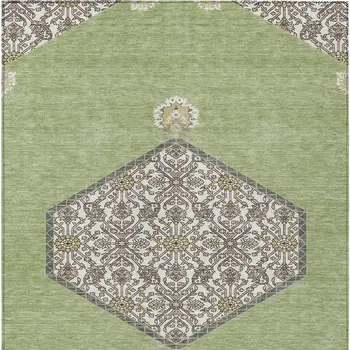 3' X 5' Artichoke Green Beige And Ivory Oriental Washable Indoor Outdoor Area Rug
