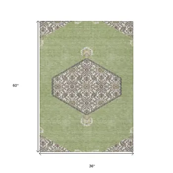 3' X 5' Artichoke Green Beige And Ivory Oriental Washable Indoor Outdoor Area Rug
