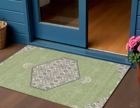 3' X 5' Artichoke Green Beige And Ivory Oriental Washable Indoor Outdoor Area Rug