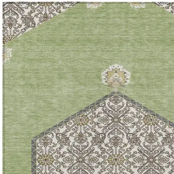 3' X 5' Artichoke Green Beige And Ivory Oriental Washable Indoor Outdoor Area Rug