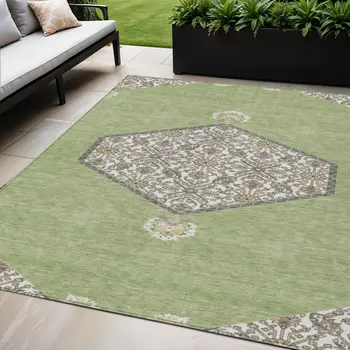 5' X 8' Artichoke Green Beige And Ivory Oriental Washable Indoor Outdoor Area Rug