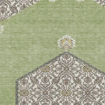 5' X 8' Artichoke Green Beige And Ivory Oriental Washable Indoor Outdoor Area Rug