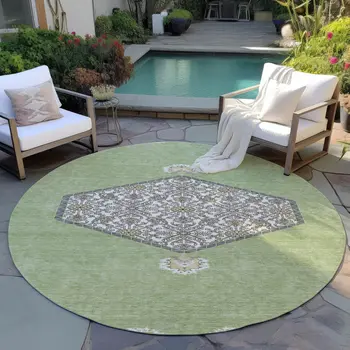 8' Artichoke Green Beige And Ivory Round Oriental Washable Indoor Outdoor Area Rug