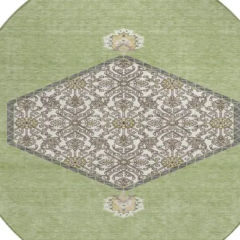 8' Artichoke Green Beige And Ivory Round Oriental Washable Indoor Outdoor Area Rug