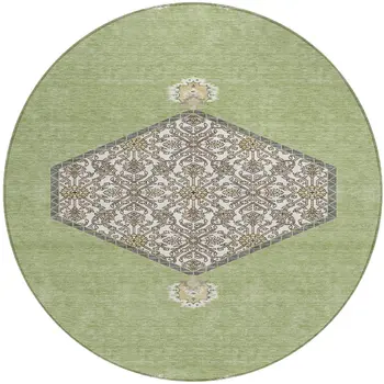 8' Artichoke Green Beige And Ivory Round Oriental Washable Indoor Outdoor Area Rug