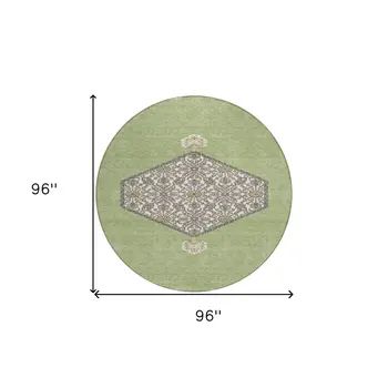 8' Artichoke Green Beige And Ivory Round Oriental Washable Indoor Outdoor Area Rug