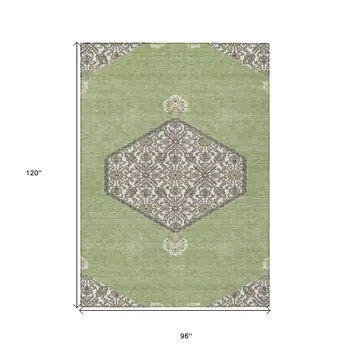 8' X 10' Artichoke Green Beige And Ivory Oriental Washable Indoor Outdoor Area Rug