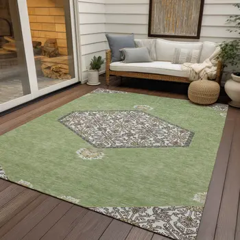 8' X 10' Artichoke Green Beige And Ivory Oriental Washable Indoor Outdoor Area Rug