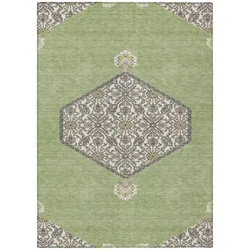 8' X 10' Artichoke Green Beige And Ivory Oriental Washable Indoor Outdoor Area Rug