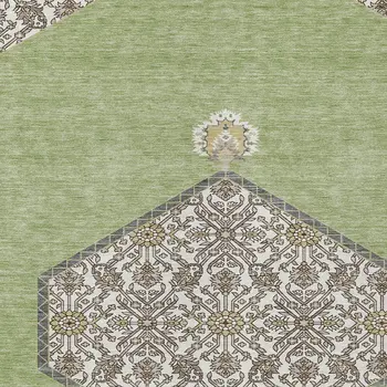 8' X 10' Artichoke Green Beige And Ivory Oriental Washable Indoor Outdoor Area Rug