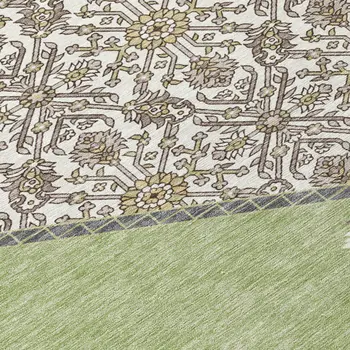 8' X 10' Artichoke Green Beige And Ivory Oriental Washable Indoor Outdoor Area Rug