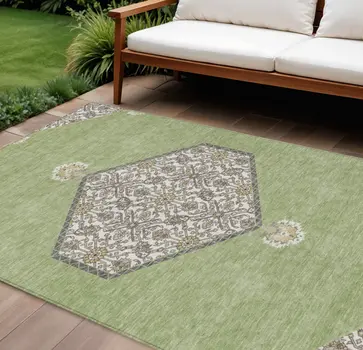 9' X 12' Artichoke Green Beige And Ivory Oriental Washable Indoor Outdoor Area Rug