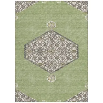 10' X 14' Artichoke Green Beige And Ivory Oriental Washable Indoor Outdoor Area Rug