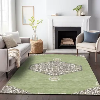 10' X 14' Artichoke Green Beige And Ivory Oriental Washable Indoor Outdoor Area Rug